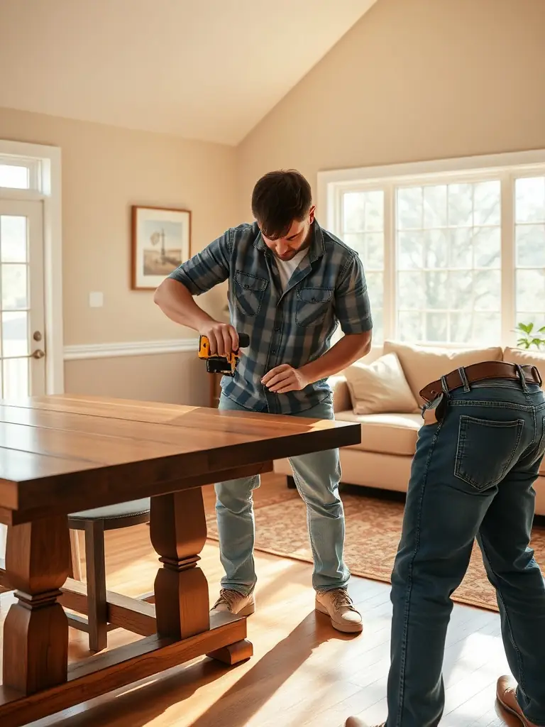 A handyman assembling furniture in a North Carolina living room, providing convenient and reliable assembly services.