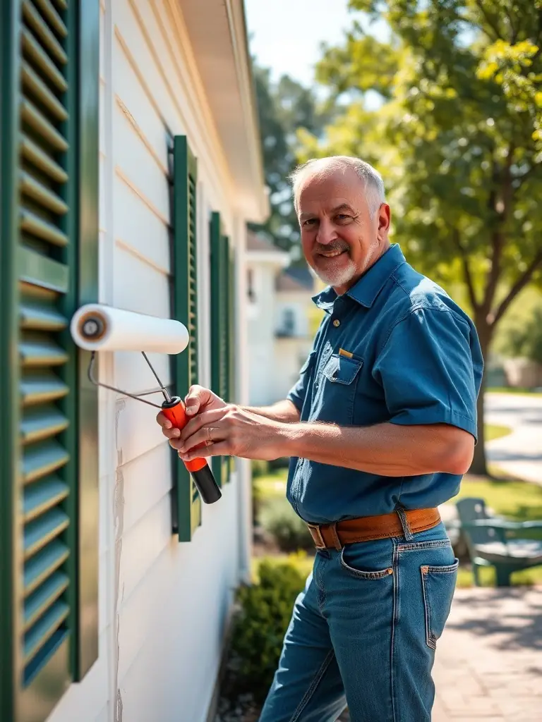 A handyman painting the exterior of a house in a suburban neighborhood in North Carolina, showcasing Lycans Handyman Services' comprehensive home improvement services.