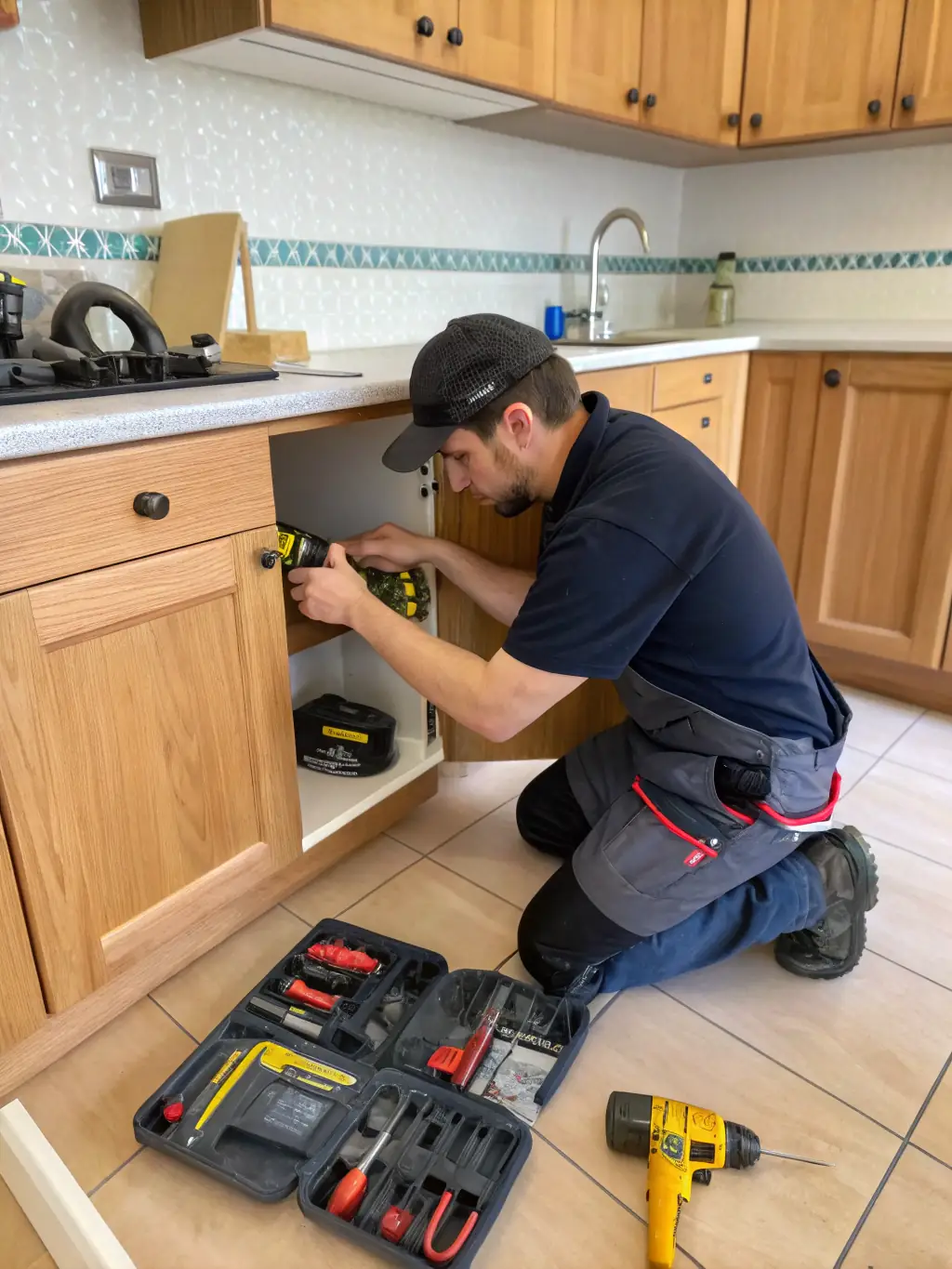 A handyman installing new kitchen cabinets in a modern North Carolina home, ensuring precise alignment and secure installation.