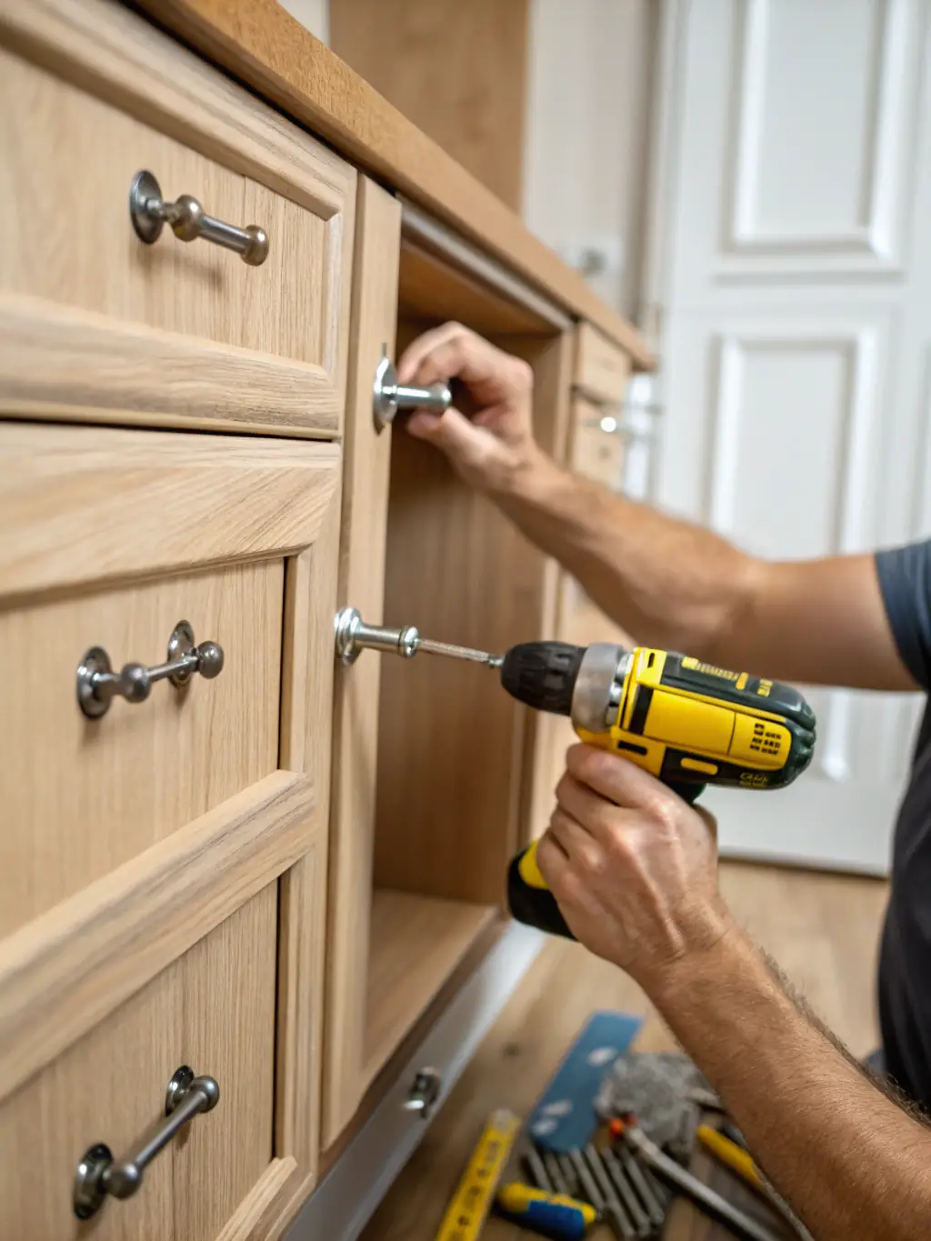 A handyman installing a new kitchen cabinet in a North Carolina home, highlighting Lycans Handyman Services' professional installation services.